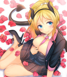 Rule 34 | 10s, 1girl, arm support, ayase eli, between breasts, black jacket, black skirt, blonde hair, blue eyes, blush, breasts, cleavage, cleavage reach, closed mouth, collar, commentary request, demon tail, fake horns, fang, from above, guranyto, high heels, horns, jacket, large breasts, legs, long hair, looking at viewer, love live!, love live! school idol festival, love live! school idol project, medium breasts, necktie, necktie between breasts, open clothes, open shirt, petals, pink necktie, plaid, plaid skirt, ponytail, shadow, shirt, simple background, sitting, skirt, smile, solo, tail, white background