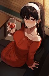 Rule 34 | 1girl, :o, alcohol, arm support, black hair, black pantyhose, blush, collarbone, couch, cup, drinking glass, earrings, from above, glass, hairband, hand up, highres, holding, holding cup, jewelry, long hair, long sleeves, nasubin (nasubisamurai15), pantyhose, red sweater, single bare shoulder, solo, spy x family, sweater, table, white hairband, wine, wine glass, wooden floor, yor briar
