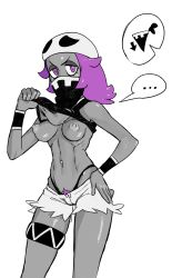 Rule 34 | ..., 1girl, absurdres, bandana, bandana over mouth, bare shoulders, black tank top, black wristband, breasts, breasts apart, clenched hand, clothes lift, contrapposto, covered mouth, cowboy shot, creatures (company), cutoffs, female pubic hair, game freak, groin, half-closed eyes, hand on own hip, hand up, hat, highleg, highleg panties, highres, kooni, looking at viewer, mask, medium breasts, medium hair, navel, nintendo, nipples, no bra, panties, perky breasts, pokemon, pokemon sm, pubic hair, pubic hair peek, puffy nipples, purple eyes, purple hair, ribs, shirt lift, short shorts, shorts, simple background, skull-shaped hat, skull hat, sleeveless, solo, speech bubble, standing, stomach, tank top, team skull, team skull grunt, thigh strap, underwear, v-shaped eyebrows, white background, wristband