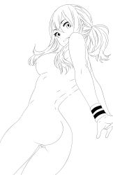 Rule 34 | 1girl, absurdres, breasts, completely nude, fairy tail, female focus, from behind, greyscale, highres, large breasts, lineart, lucy heartfilia, monochrome, nipples, nude, planeptune, pussy, simple background, solo, transparent background, white background
