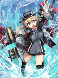 Rule 34 | &gt;:d, 10s, 1girl, :d, anchor hair ornament, black skirt, blonde hair, blue eyes, breasts, gloves, hair ornament, hat, kantai collection, kneehighs, large breasts, leg up, long hair, long sleeves, machinery, magu (mugsfc), microskirt, military, military uniform, open mouth, peaked cap, pleated skirt, prinz eugen (kancolle), skirt, smile, socks, solo, turret, twintails, uniform, v-shaped eyebrows, water, white gloves