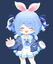 Rule 34 | 1girl, animal ears, bare legs, blue background, blue hair, blue jacket, blue neckerchief, blue ribbon, blush, carrot hair ornament, chibi, chibi only, closed eyes, commentary, cowboy shot, dress, food-themed hair ornament, fur-trimmed jacket, fur trim, hair ornament, hair ribbon, hololive, jacket, long sleeves, multicolored hair, neckerchief, open clothes, open jacket, open mouth, rabbit ears, ribbon, rizu (rizunm), sailor collar, short eyebrows, short twintails, sidelocks, simple background, smile, solo, teeth, thick eyebrows, twintails, twitter username, two-tone hair, upper teeth only, usada pekora, usada pekora (casual), virtual youtuber, waving, white dress, white hair, white sailor collar