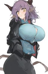 Rule 34 | 1girl, animal ears, arknights, black jacket, black skirt, blue shirt, breasts, brown eyes, buffalo ears, button gap, collared shirt, dress shirt, hands in pockets, highres, horns, huge breasts, jacket, long sleeves, looking at viewer, mikozin, open clothes, open jacket, purple hair, shirt, short hair, sideroca (arknights), simple background, skirt, solo, tail, white background