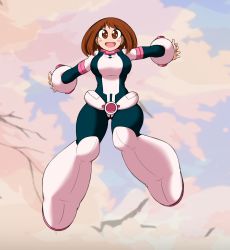 Rule 34 | 1girl, blush stickers, bodysuit, boku no hero academia, boots, breasts, brown eyes, brown hair, cherry blossoms, floating, full body, highres, kyelyn, large breasts, looking at viewer, matching hair/eyes, medium hair, open mouth, sky, smile, solo, tongue, uraraka ochako