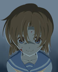 Rule 34 | 1girl, blood, blood on face, blue eyes, blue sailor collar, brown hair, closed mouth, collarbone, commentary request, genny, gradient background, grey background, hair between eyes, higurashi no naku koro ni, looking at viewer, medium hair, neckerchief, portrait, ryuuguu rena, sailor collar, shirt, smile, solo, white shirt, yellow neckerchief