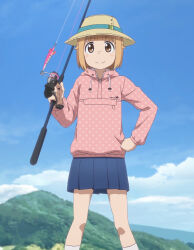 Rule 34 | 1girl, blush, brown hair, closed mouth, cloud, day, dot nose, fishing rod, hat, highres, holding, holding fishing rod, houkago teibou nisshi, jacket, medium hair, mountain, outdoors, scenery, school uniform, skirt, sky, smile, socks, solo, standing, stitched, third-party edit, tsurugi hina