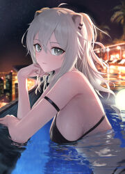 Rule 34 | 1girl, ahoge, alternate costume, animal ear piercing, animal ears, arm strap, bikini, black bikini, black nails, black straps, blurry, breasts, cityscape, commentary request, depth of field, double-parted bangs, from side, grey eyes, grey hair, hair between eyes, hand on own chin, highres, hololive, large breasts, lion ears, lion girl, lion tail, long hair, looking at viewer, multi-strapped bikini bottom, night, palm tree, partially submerged, pool, shishiro botan, sideboob, smile, solo, swimsuit, tail, torjun 111, tree, two side up, virtual youtuber