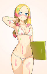 Rule 34 | absurdres, bare shoulders, bikini, blue eyes, blush, bodypaint, book, breasts, collarbone, cowboy shot, creatures (company), forehead, game freak, highres, holding, holding book, long hair, looking at viewer, medium breasts, mina (pokemon), navel, nintendo, nisetanaka, paint on body, paint on clothes, paint splatter, paint splatter on face, pokemon, pokemon sm, smile, standing, swimsuit, white bikini