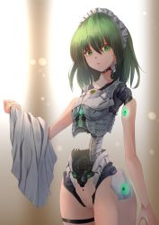 Rule 34 | 1girl, android, blurry, blurry background, cable, unworn clothes, cowboy shot, glowing, green eyes, green hair, hair between eyes, highres, holding, holding clothes, light particles, looking at viewer, maid headdress, mechanical parts, medium hair, no pussy, nude, open mouth, ruukoto, solo, standing, tagme, teruteru12, touhou, touhou (pc-98)