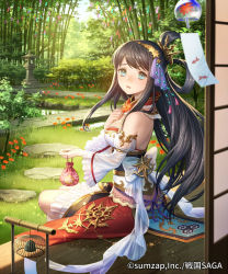 Rule 34 | 1girl, back bow, backless outfit, bamboo, black hair, blue eyes, blurry, bow, breasts, company name, copyright name, day, depth of field, detached sleeves, esukee, flower, frilled sleeves, frills, from side, grass, hair ornament, hair rings, hairband, hand on own chest, holding, kinchaku, long hair, long sleeves, looking at viewer, looking back, medium breasts, official art, parted lips, pond, pouch, red skirt, sengoku saga, shouji, sitting, skirt, sliding doors, solo, star (symbol), star hair ornament, stepping stones, stone lantern, tanabata, tanzaku, tassel, tree, veranda, very long hair, wind chime