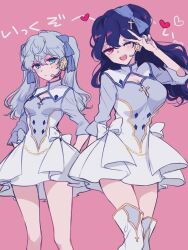 Rule 34 | 2girls, black hair, blue eyes, boots, bow, breasts, cleavage, cross hair ornament, dress, ensemble stars!, epuko, genderswap, genderswap (mtf), grey dress, grey footwear, grey hair, hair bow, hair ornament, heart, large breasts, multicolored clothes, multicolored dress, multicolored footwear, multiple girls, multiple hair bows, one eye closed, pink background, purple bow, red eyes, sakuma rei (ensemble stars!), sena izumi (ensemble stars!), small breasts, thigh boots, translation request, twintails, white dress, white footwear