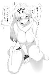 Rule 34 | 10s, 1girl, blush, breasts, covering privates, covering crotch, curvy, female focus, full body, greyscale, hair flaps, hakai shin, kantai collection, large breasts, long hair, looking at viewer, monochrome, naked scarf, nipples, scarf, solo, translation request, white background, yuudachi (kancolle), yuudachi kai ni (kancolle)