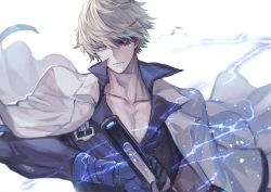 Rule 34 | 1boy, black sclera, blonde hair, blue eyes, blue gloves, blue shirt, colored sclera, electricity, gloves, guilty gear, guilty gear strive, high collar, holding, holding sword, holding weapon, jacket, jacket on shoulders, ky kiske, red eyes, senano-yu, shirt, short hair, solo, sword, upper body, weapon, white background, white jacket
