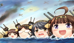Rule 34 | &gt;:&gt;, &gt;:d, 4girls, :&gt;, :d, = =, ahoge, aircraft, airplane, black hair, blush, brown eyes, brown hair, cannon, haruna (kancolle), hiei (kancolle), highres, kantai collection, kirishima (kancolle), kongou (kancolle), multiple girls, opaque glasses, open mouth, parody, purple eyes, smile, smirk, sparkle, tears, v-shaped eyebrows, wavy mouth, what, y.ssanoha, yukkuri shiteitte ne