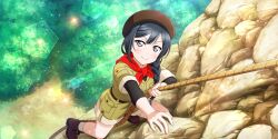 Rule 34 | 1girl, absurdres, beret, black hair, blush, braid, climbing, day, from above, grey eyes, hair over shoulder, hat, highres, layered sleeves, long hair, long sleeves, looking at viewer, love live!, love live! school idol festival all stars, neckerchief, official art, outdoors, rock, rock climbing, rope, short over long sleeves, short sleeves, shorts, smile, solo, sparkle, yuki setsuna (love live!)