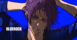 Rule 34 | 1boy, absurdres, arms up, blue background, blue lock, blue shirt, bo toike57, hair tie in mouth, highres, looking at viewer, male focus, mikage reo, mouth hold, purple eyes, purple hair, shirt, short hair, simple background, sleeves rolled up, smile, solo, sweat, tying hair, typo, upper body