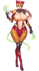 Rule 34 | 1girl, armlet, armor, black gloves, bodysuit, boots, breasts, cat helmet, cat tail, check copyright, clawed gauntlets, cleavage, closed mouth, commentary, commission, copyright request, crossed legs, curvy, facial mark, full body, gloves, gluteal fold, green eyes, gurimjang, hair between eyes, hand up, helmet, high heel boots, high heels, highres, large breasts, linmei, linmei quan, long hair, low ponytail, navel, original, red bodysuit, red hair, revealing clothes, scar, scar across eye, shoulder armor, simple background, smile, solo, standing, stomach, tachi-e, tail, thigh gap, watson cross, white background, wide hips