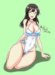Rule 34 | 1girl, anchor, black hair, breasts, cameltoe, casual one-piece swimsuit, cleavage, commentary request, cosplay, covered navel, flak f2-gata, frilled one-piece swimsuit, frilled swimsuit, frills, gluteal fold, green background, hair ornament, hairclip, highleg, highleg swimsuit, highres, kantai collection, large breasts, one-hour drawing challenge, one-piece swimsuit, oyashio (kancolle), sagiri (kancolle), sagiri (kancolle) (cosplay), side-tie swimsuit, sitting, solo, swimsuit, white one-piece swimsuit, yellow eyes, yokozuwari