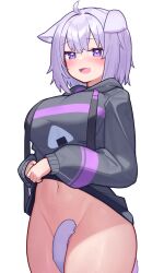 Rule 34 | 1girl, absurdres, ahoge, animal ears, black hoodie, blush, bottomless, breasts, cat ears, cat girl, cat tail, commentary request, cowboy shot, cropped hoodie, deaver, ears down, fang, highres, hololive, hood, hood down, hoodie, large breasts, long sleeves, looking at viewer, navel, nekomata okayu, nekomata okayu (1st costume), onigiri print, open mouth, paid reward available, puffy short sleeves, puffy sleeves, purple hair, short hair, short sleeves, simple background, solo, tail, tail censor, thighs, virtual youtuber, white background