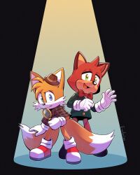 Rule 34 | 1boy, 1other, animal ears, animal nose, artist name, black footwear, blue eyes, boots, bow, bowtie, brown fur, coat, coat on shoulders, embrim, fox, fox ears, fox tail, gloves, green eyes, green jacket, green sleeves, highres, holding, holding magnifying glass, jacket, long sleeves, looking at viewer, magnifying glass, multiple tails, open mouth, plaid, plaid coat, protagonist (the murder of sonic the hedgehog), quokka, red bow, red bowtie, red footwear, red fur, sega, shoes, smile, snout, socks, sonic (series), sonic (series), spotlight, standing, tail, tails (sonic), the murder of sonic the hedgehog, two tails, waving, white fur, white gloves, white socks, yellow fur