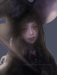 Rule 34 | 1girl, artist name, brown hair, eyelashes, facial mark, green eyes, hat, highres, lips, long hair, looking at viewer, nose, original, parted lips, red lips, shal.e, solo, teeth, upper body, witch, witch hat