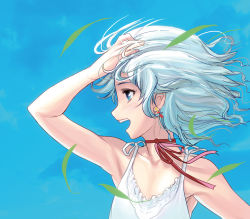 Rule 34 | 1girl, bare arms, bare shoulders, blue background, blue eyes, choker, collarbone, dress, earrings, hand in own hair, jewelry, kouno (masao), leaf, open mouth, original, profile, ribbon choker, silver hair, sleeveless, sleeveless dress, solo, white dress, wind