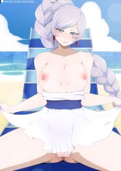 Rule 34 | 1girl, blue eyes, booboing, bottomless, braid, breasts, breasts out, censored, female focus, highres, long hair, looking at viewer, medium breasts, nipples, pussy, rwby, silver hair, sitting, smile, solo, spread legs, topless, very long hair, weiss schnee
