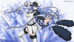 Rule 34 | 1girl, akame ga kill!, blue eyes, blue hair, boots, breasts, chain, chest tattoo, choker, cleavage, esdeath, hair between eyes, hat, highres, ice, kizuchi r, large breasts, long hair, military, military uniform, peaked cap, rapier, smile, solo, sword, tattoo, thigh boots, thighhighs, uniform, very long hair, weapon