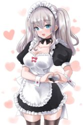Rule 34 | 1girl, alternate costume, apron, black dress, breasts, cleavage, collarbone, dress, enmaided, frilled apron, frilled dress, frills, heart, heart background, kantai collection, kashima (kancolle), kitagawa mikio, long hair, looking at viewer, maid, maid apron, maid headdress, medium breasts, open mouth, puffy short sleeves, puffy sleeves, short sleeves, solo, thighhighs, twintails, waist apron, white apron, white background, wrist cuffs