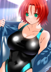 Rule 34 | 1girl, boudica (fate), breasts, cleavage, engo (aquawatery), fate/grand order, fate (series), green eyes, highres, jacket, large breasts, looking at viewer, off shoulder, one-piece swimsuit, open clothes, open jacket, red hair, short hair, swimsuit, thighs