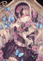 Rule 34 | 1girl, black bow, blonde hair, blue butterfly, bonnet, bow, bug, butterfly, commentary request, curly hair, dress, flower, frilled dress, frills, gem, gothic lolita, hair bow, highres, insect, key, keyhole, lolita fashion, long hair, looking at viewer, original, parted lips, pearl (gemstone), petals, picture frame, pink flower, red eyes, rose, solo, very long hair, white bow, yumeichigo alice