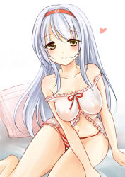 Rule 34 | 10s, 1girl, babydoll, bare shoulders, blush, breasts, collarbone, hairband, heart, kantai collection, long hair, looking at viewer, navel, nikoo, panties, red panties, shoukaku (kancolle), silver hair, sitting, smile, solo, strap slip, striped clothes, striped panties, underwear, very long hair, yellow eyes