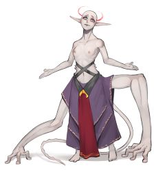 Rule 34 | 1girl, arbuz budesh, bald, barefoot, breasts, collarbone, colored skin, extra arms, grey background, grey skin, halo, looking at viewer, navel, nipples, original, pointy ears, simple background, skirt, small breasts, smile, solo, standing, tagme, tail