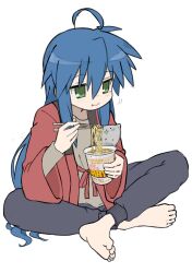 Rule 34 | . ., 1girl, ahoge, animal ears, barefoot, black pants, blue hair, cat ears, chewing, cup ramen, eating, feet, full body, green eyes, highres, indian style, izumi konata, jitome, long hair, long sleeves, looking to the side, lucky star, motion lines, pajamas, pants, raised eyebrows, red robe, robe, saliva, sidelocks, simple background, sitting, solo, sweatpants, very long hair, wavy mouth, white background, wide sleeves, yoyohachi