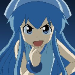 Rule 34 | 1girl, blue hair, ikamusume, long hair, lowres, pixel art, shinryaku! ikamusume, simple background, solo