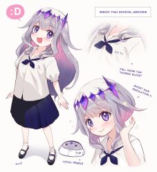 Rule 34 | 1girl, :d, absurdres, alternate hairstyle, colored inner hair, commentary, english commentary, english text, grey hair, highres, hololive, hololive english, kivo, koseki bijou, long hair, multicolored hair, multiple views, name tag, open mouth, pebble (koseki bijou), pleated skirt, purple eyes, school uniform, short sleeves, simple background, skirt, smile, spoken expression, thai school uniform, virtual youtuber