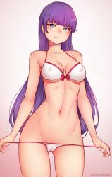 Rule 34 | 1girl, arms at sides, bikini, bikini pull, blue eyes, bluefield, blunt bangs, breasts, cameltoe, choker, cleft of venus, clothes pull, covered erect nipples, cowboy shot, fate/grand order, fate (series), gluteal fold, gradient background, highres, long hair, martha (fate), medium breasts, navel, parted lips, pulling own clothes, purple hair, simple background, smile, solo, string bikini, swimsuit, white bikini