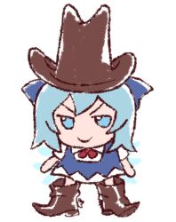 Rule 34 | 1girl, blue dress, blue eyes, blue hair, boots, brown footwear, cirno, closed mouth, commentary, cowboy hat, dress, english commentary, full body, fumo (doll), hat, jitome, looking at viewer, short hair, short sleeves, simple background, skullchimes, smile, solo, standing, touhou, v-shaped eyebrows, white background