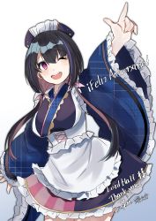 Rule 34 | 1girl, :d, absurdres, anniversary, apron, arm up, beret, black hair, blue hat, blue kimono, blue skirt, blush, colored inner hair, commentary, commission, english commentary, english text, finger gun, frilled sleeves, frills, happy, hat, highres, hina misora, japanese clothes, k einosuke, kimono, kimono skirt, long hair, low twintails, maid apron, mixed-language commentary, multicolored clothes, multicolored hair, multicolored skirt, one eye closed, open mouth, pink eyes, pink hair, pink skirt, plaid kimono, pointing, pointing up, second-party source, skeb commission, skirt, smile, solo, spanish commentary, spanish text, streaked hair, striped clothes, striped skirt, symbol-shaped pupils, teeth, translation request, twintails, two-tone hair, underbust, upper teeth only, vertical-striped clothes, vertical-striped skirt, virtual youtuber, wactor production, white background, wide sleeves