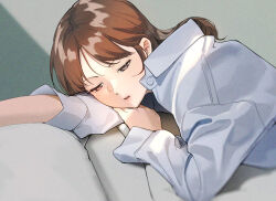 Rule 34 | 1girl, brown eyes, brown hair, c-eye, collared shirt, half-closed eyes, indoors, long hair, lying, on stomach, original, parted lips, shirt, solo, white shirt