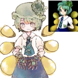 Rule 34 | 1girl, ai-generated art (topic), black cape, bucket, cape, green eyes, green hair, hat, mechanical hands, mokumoku22, original, plaid, plaid vest, reference inset, short hair, solo, touhou, upper body, vest, wings, yellow eyes