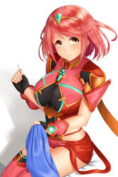 Rule 34 | 1girl, blush, breasts, earrings, fingerless gloves, gloves, hair ornament, highres, jewelry, large breasts, looking at viewer, needle, nintendo, pyra (xenoblade), red eyes, red hair, sewing, sewing needle, short hair, shorts, sidelocks, simple background, smile, solo, tiara, white background, xenoblade chronicles (series), xenoblade chronicles 2, xenoblade chronicles (series), xenoblade chronicles 2, zussunn