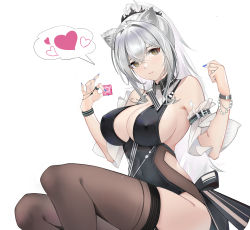 Rule 34 | 1girl, absurdres, alternate costume, animal ear fluff, animal ears, arknights, bare shoulders, black dress, blue nails, bracelet, breasts, brown thighhighs, cat ears, cleavage, condom, condom wrapper, covered erect nipples, covered navel, detached sleeves, dress, eyebrows hidden by hair, feet out of frame, heart, highres, holding, holding condom, jewelry, large breasts, long hair, looking at viewer, nail polish, parted lips, ponytail, revealing clothes, ring, schwarz (arknights), short dress, short sleeves, sidelocks, silver hair, simple background, sitting, solo, speech bubble, spoken heart, thighhighs, tupolev-160 (artist), white background