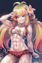 Rule 34 | 1girl, abs, antenna hair, arm up, blonde hair, blue eyes, commentary, duel monster, flower, gradient hair, hair flower, hair ornament, low twintails, monster girl, multicolored hair, muscular, muscular female, orange hair, plant girl, skirt, smile, sweat, traptrix nepenthes, twintails, yilx, yu-gi-oh!