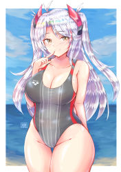 Rule 34 | 1girl, absurdres, alternate costume, azur lane, breasts, cleavage, competition swimsuit, finger to mouth, highres, large breasts, long hair, looking at viewer, multicolored hair, one-piece swimsuit, prinz eugen (azur lane), red hair, solo, streaked hair, swimsuit, thigh gap, thighs, tong shui, twintails, two-tone hair, white hair, yellow eyes