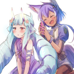 Rule 34 | 2girls, :d, ^ ^, animal ear fluff, animal ears, blue hair, blue hairband, blunt bangs, blush, brown flower, brown legwear, closed eyes, dark-skinned female, dark skin, delmin (show by rock!!), dragon horns, dress, fang, flower, hair flower, hair ornament, hairband, hands up, highres, holding tail, horns, long hair, multiple girls, nail polish, nyama, open mouth, pantyhose, parted lips, puffy short sleeves, puffy sleeves, purple dress, purple hair, purple sailor collar, red eyes, ruhuyu (show by rock!!), sailor collar, sailor dress, shirt, short eyebrows, short sleeves, show by rock!!, simple background, sleeveless, sleeveless dress, smile, tail, thick eyebrows, twintails, v-shaped eyebrows, very long hair, white background, white shirt, wolf ears, wolf girl, wolf tail