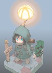 Rule 34 | 1girl, absurdres, backpack, bag, bedroll, black hair, blue background, blue eyes, boots, buttons, canteen, chibi, coat, diorama, expressionless, glowing, gradient background, green coat, highres, hood, hood up, hooded coat, oonuma hiroshi, original, plant, scarf, sign, signpost, snail, solo, standing