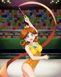 Rule 34 | 1girl, arm up, blue eyes, breasts, brown hair, crowd, crown, earrings, flower earrings, gem, gymnastics, gymnastics ribbon, hand up, happy, highres, jewelry, legs, leotard, lights, looking at viewer, mario &amp; sonic at the olympic games, mario (series), nintendo, one-piece swimsuit, open mouth, princess daisy, rhythmic gymnastics, short hair, smile, solo, standing, super mario land, swimsuit, thighs, upper body, yellow one-piece swimsuit