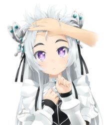 Rule 34 | 10s, 1girl, :&lt;, blush, brooch, chaika trabant, dress, eyebrows, forehead, frown, gem, goribote, hair ornament, hair ribbon, hand on forehead, hitsugi no chaika, jewelry, long hair, long sleeves, purple eyes, ribbon, silver hair, simple background, sleeves past wrists, solo, solo focus, spiked hair, tareme, upper body, white background