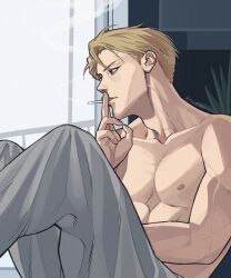 Rule 34 | 1boy, blonde hair, brown eyes, cigarette, collarbone, feet out of frame, grey pants, highres, holding, holding cigarette, indoors, jujutsu kaisen, male focus, muscular, muscular male, nanami kento, pants, parted lips, short hair, sitting, solo, takk1mi, topless male, undercut, window